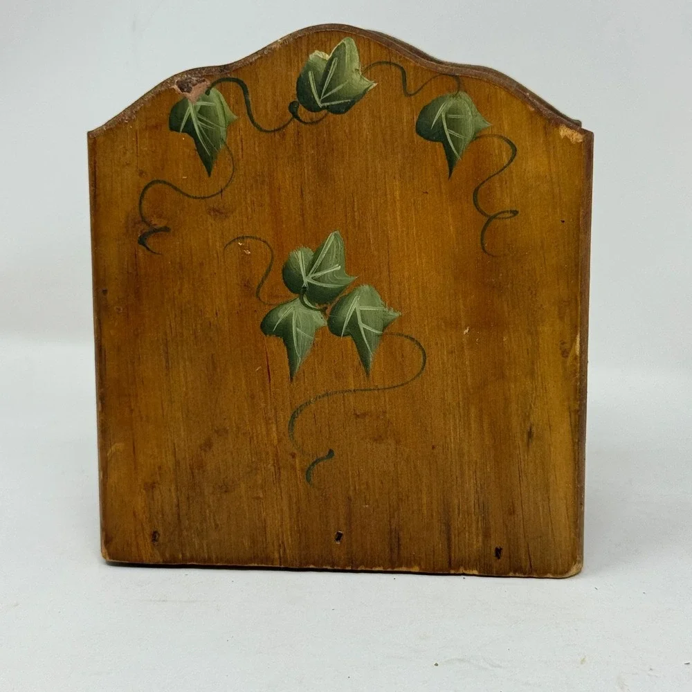 Vtg Hand Painted Wooden Napkin Holder Birdhouse Ivy Heart Country Decor Folk Art
